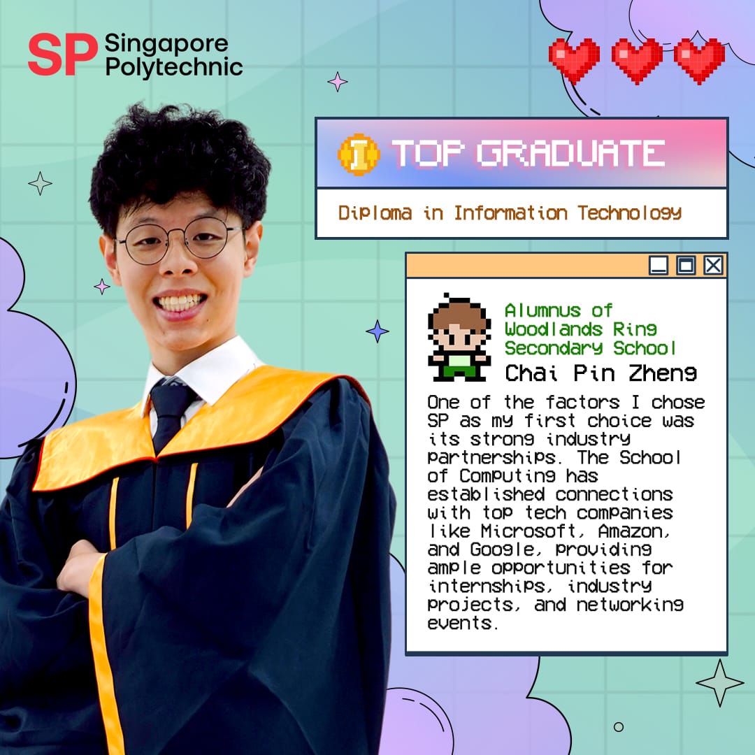 Young man in graduation gown smiling, named Chai Pin Zheng, Top Graduate in IT at Singapore Polytechnic.